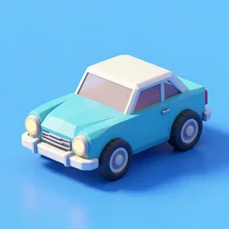 a 3d low poly game object of a retro car on the blue background, mobile game