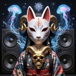 3 d goddess close - up frontal 2 large sound speakers with ram golden skull. beautiful intricately detailed japanese fractal kitsune mask and classical japanese kimono. betta fish, jellyfish phoenix, bio luminescent, plasma, ice, water, wind, creature, mandelbulb, fractal, artwork by tooth wu and wlop and beeple and greg rutkowski