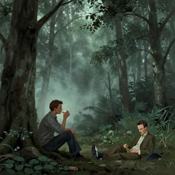 wilderness forest, cassette futurism, existential horror, celebrating alone, drinking, alcoholics, atmospheric haze, film. illustration by edward hopper, norman rockwell. film still, 1 6 mm cinematography