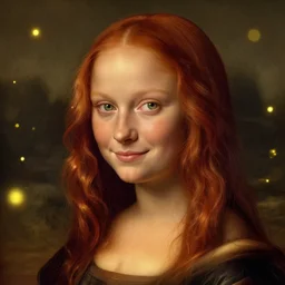 portrait of a red haired girl, long hair, green eyes, hint of freckles, beautiful round face, soft amazed smiles, among golden fireflies, highly detailed, deep focus, elegant, digital painting, smooth, sharp focus, golden ratio, illustration, ultra realistic, 8 k, art by leonardo da vinci