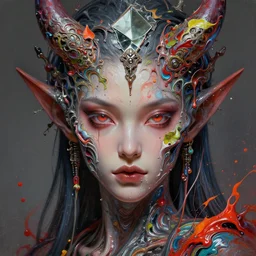 face closeup of beautiful cybernetic demon, intricate detailed color smashing fluid oilpaint, 3 d render, hyper realistic detailed portrait, color leaves, melting wax, ornate headpiece, broken mirror, fluid acrilic, thin fractal tendrils, ruan jia, wlop. scifi, fantasy, hyper detailed, octane render, concept art, by peter mohrbacher, by wlop