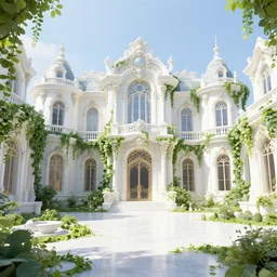 dreamy landscape in an ornate baroque aya takano-inspired dream palace sparkle courtyard overgrown with vines, surrounded by cute forest scenery with various futuristic exobiome-related buildings, beautiful surrealism oil painting, trending on artstation