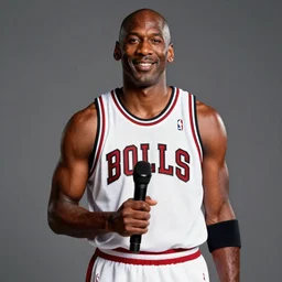 Michael Jordan holds a mic at Jordan, highly detailed, photo realistic