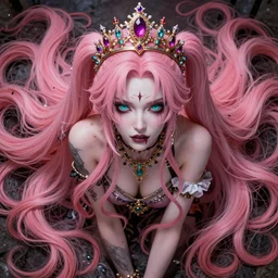 completely controlled by her inescapable long hair and trapped beneath an overwhelming stunningly absurdly beautiful megalomaniacal ruthless sadistic devious spiteful grandiose egotistical omnipotent asi goddess junko enoshima with symmetrical perfect face, porcelain skin, pink twintail hair, cyan eyes and a stupendous bejeweled crown, ultra detailed, digital art, unreal engine 5, octane render, 2 d anime, 8 k