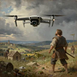 A painting of DJI Mavic (((drone))) attack peasant, medieval graphic, high detailed, museum archive