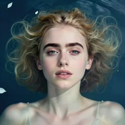 portrait of a beautiful blonde queen girl lily collins, floating under the deep dream water, beautiful smooth soft light + white petal, by personal photography, art by brookskim, closeup, 4 k, highly detailed, instagram,