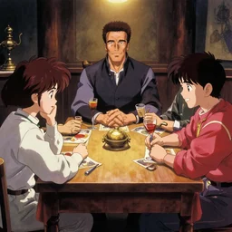 film still dnd, schwarzenegger, beckinsale, theron, lawther sit at table playing dnd, anime art by miazaki