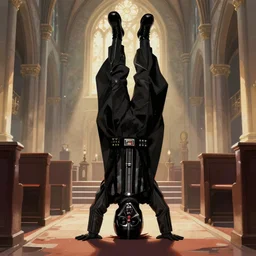 Darth Vader making a headstand in a church, concept art