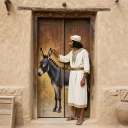 man in ancient caananite costume painting a donkey on the doorpost of an ancient home