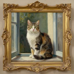 cat sitting in the window, baroque oilpainting