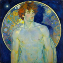 attractive man, space, cool colors, painting by gaston bussiere, craig mullins, greg rutkowski, alphonse mucha