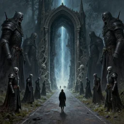 people walk along a narrow road into an interdimensional portal, on both sides of the road death knights stand and watch huge people, the style of gloomy fantasy paintings, detailing, stylization,