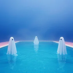 people, ghosts, vintage swimming pools, fog, deep blue mood, colorful, contemporary archival color photograph print from the original negative, by stanley kubrick