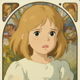 well - lit art nouveau portrait of a 1 3 - year old girl who resembles natalie portman and millie bobby brown with blonde hair and a worried, vulnerable expression, natural lighting, path traced, highly detailed, high quality, cartoon, digital painting, by don bluth and ross tran and studio ghibli and alphonse mucha
