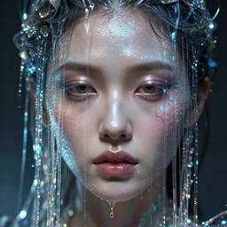detailed face of a woman, lush, opulent, light cascade, shimmer, utopian, tech noir, wet reflections, prism, atmospheric, ambient, pj crook, syd mead, livia prima, artgerm, greg rutkowski, nick alm, casey baugh