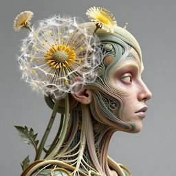 intricate hyper detailed ultra sharp 3 d render of a witch profile portrait, 1 5 0 mm art nouveau, haute couture alexander mcqueen leaves stems dahlia transparent fractal dandelion yellow pistil filigree roots, intricate details, anatomical, flesh ornate, facial muscles, cable wires, elegant, hyper realistic, ultra detailed, octane render, volumetric cinematic lighting, 8 k post - production