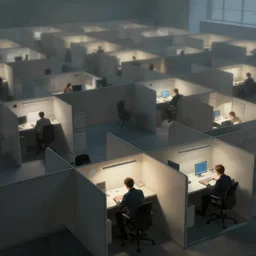 digital artwork of lone person working in a huge room full of cubicles, the only light is coming from his desk hyperrealism, futurism, no blur, 4 k resolution, sharp ages, ultra detailed, style of john berkey, norman rockwell, hans thoma, ivan shishkin, tyler edlin, thomas kinkad
