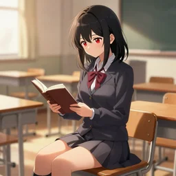 advanced digital anime art, a beautiful seductive female teen with red eyes and black hair that is to waist length wearing a dark grey school outfit sitting on a desk in a classroom at golden hour reading a novel . drawn by Shikamimi, WLOP,rossdraws