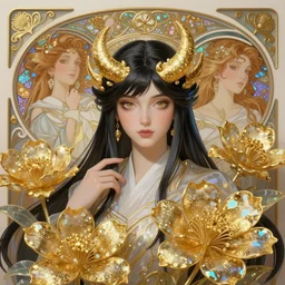 overlord, golden flowers made of glittering lame, iridescent and translucent, portrait, highly detailed, deep focus, elegant, digital painting, smooth, sharp focus, illustration, ultra realistic, 8 k, art by artgerm and alphonse mucha and wlop