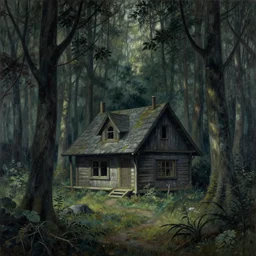 photo / painting / illustration of a eerie cabin in the middle of the woods in the style of beksinski