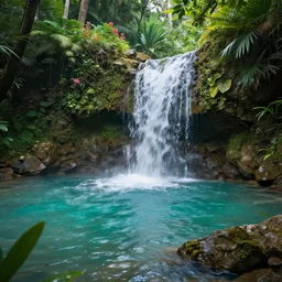 a gentle waterfall into a sequestered turquoise lagoon. rocks. nature. tropical plants and flowers. intricate detail. highly detailed. cinematic
