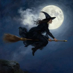 witch flying using a broom, trough the night, fantasy, full moon in background. highly detailed painting by gaston bussiere, craig mullins, j. c. leyendecker 8 k