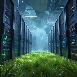 hi tech digital interior, trending on artstation, grass, beautiful, blured polygonal geometric, cinematic view, art greg rutkowski, huge scene, high detail, cyberpunk space, detailed, business technology, vivid, volumetric, concept art, abstract data center server, by jordan grimmer