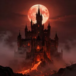 dracula's castle rising up from the mist at night silhouetted by a single huge bloodmoon, anders zorn, stephen hickman, thomas kincade, brutalist, James Paick, Julian Falat, ultra realistic, trending on artstation, lava, dungeons and dragons, warm saturated colors, spooky, haunted