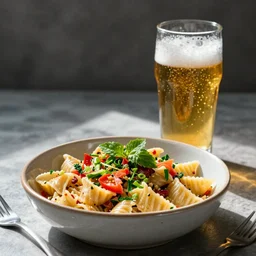 a bunch of random food in a bowl to make some kind of pasta salad, half empty pint of beer, realistic lighting, realistic reflections