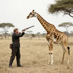 Teddy Roosevelt shooting a giraffe in the head with a shotgun, Sudan 1909