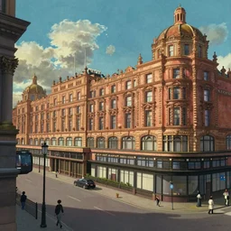 ! dream food court of harrods in london, natural lighting, wide angle, intricate details, fantasy atmosphere, matte painting, illustration, by hayao miyazaki