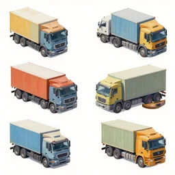 isometric sprite sheet of trucks funny in gouache detailed paintings rotated left rotated right props stylised 2