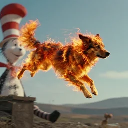 fiery dog flying through the air, film still from the movie directed by denis villeneuve and david cronenberg with art direction by h. r. giger and dr. seuss