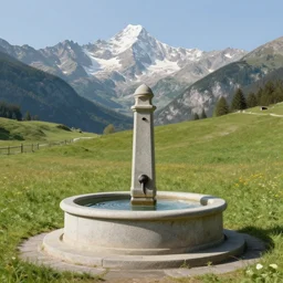 mountain spring, well, font, fountain, high mountains, meadow, alps, classical painting, hudson river school, realistic lighting, idyll