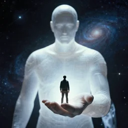 film still of a light form of human giant holding a tiny man in front of him in his hand, a universe from'lost in space ( 2 0 1 8 )'on background, frontal worm view, long shot, wide shot width 5 1 2 - - height 7 6 8 - - steps 4 - - cfg _ scale 5