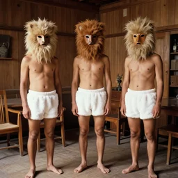 realistic photo of the people wearing wooden fluffy hairy masks, white fluffy cotton shorts, polished and fancy, standing in the wooden room full of wooden furniture 1 9 9 0, life magazine reportage photo