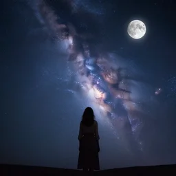 dream, girl, woman, beautiful, starry sky, moon, galaxy, stars, beauty, scenery, milky way, light, night, adorable, photography, cinematic, incredible, trending, award winning, planet.