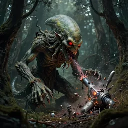 An epic photo of an ancient terrifying Cthulhu in dark forest, consuming and eating and destroying a futuristic.   by Diane Arbus and Louis Daguerre. highly detailed. 85mm, Bokeh