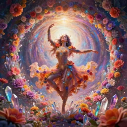 god of psychedelics dancing in a vortex made of flowers, crystals growing at his feet, visualizing vibrating frequencies from his third eye, volumetric lighting, hyper - realistic
