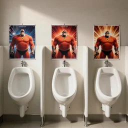 school bathroom with mr incredible becoming uncanny posters on top of each urinal, smartphone camera, low quality