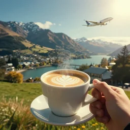having flat white coffee in the sunshine while on holiday in christchurch, new zealand. high quality cinematic fantasy digital render art in the style of alphonse mucha. dramatic lighting. beautiful. air new zealand plane flies in the background.