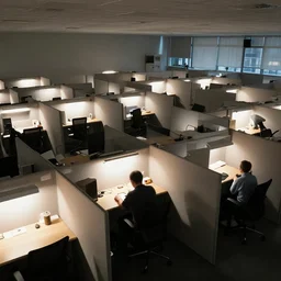a lone person working in a huge room full of cubicles, the only light is coming from his desk