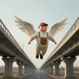 milkman with wings flying under an endless bridge, cinematic lighting, establishing shot, photo realistic, 4 k