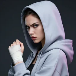gorgeous cyberpunk goddess in hoodie with bandage on her hand, side portrait, vi, angry, striking, defiant, spotlight, vibrant colors, beautiful eyes, by marco paludet and gianni strino and marion bolognesi