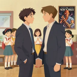 Twin Peaks artwork, portrait of Mads Mikkelsen and Hugh Dancy holding hands romantically as they chaperone school dance, from scene from Twin Peaks by Michael Whelan, Bob Larkin and Tomer Hanuka, simple illustration, domestic, nostalgic, clean, full of details, by Makoto Shinkai and thomas kinkade, Matte painting, trending on artstation and unreal engine, New Yorker magazine cover, 1980s romance book cover, 1990s horror book cover