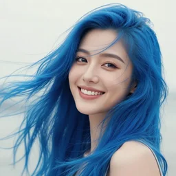 a happy beautiful woman's perfect face with long blue flowing hair blowing in the wind, photo - realistic, hdr 8 k diffused lighting