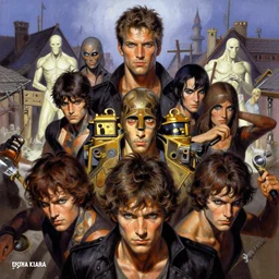 psycho bandits riot in a village, by shigenori soejima, by frank frazetta, by thomas kinkade, by ilya kuvshinov, digital painting masterpiece, beautiful brush strokes, advanced lighting technology, symmetry!!!, accurate and realistic faces and anatomy