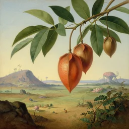 botanical illustration of lamp - vine, showing the lamp - like fruits in front of an alien landscape, by martin johnson heade.