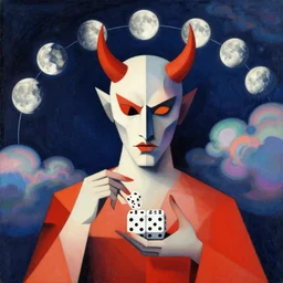 post - minimalism comic abstract cubism portrait of devils playing dice, top down view, the moon orbiting other moons, iridescent clouds, vibrant color scheme, highly detailed, in the style of romanticism, cinematic, artstation, moebius, greg rutkowski