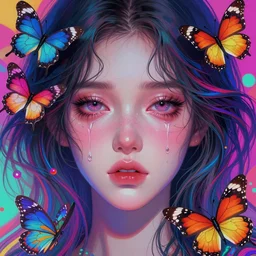 beautiful, young woman, detailed gorgeous face, sad eyes, surreal, crying, vaporwave aesthetic, synthwave, colorful, psychedelic, digital art, butterflies, birds, digital painting, artstation, concept art, smooth, extremely sharp detail, uhd, ultra sharp focus, illustration, art by artgerm and greg rutkowski and alphonse mucha